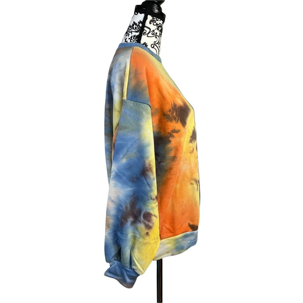 All In Favor Women's Tie Dye Blue Orange Crew Neck Pullover Sweatshirt Small - Picture 5 of 6